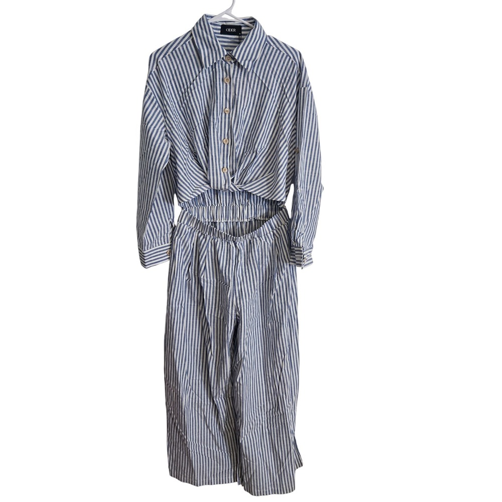 Cider Blue White Stripe Twist Front Wide Leg Jumpsuit Womens Medium Nautical NWT